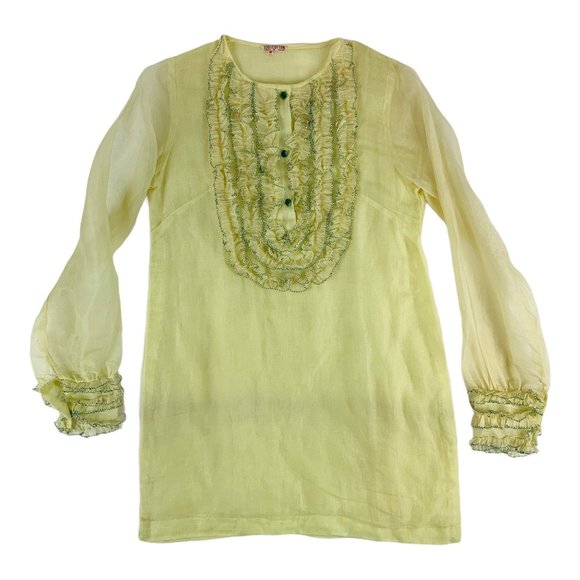 Vintage Tunic Top Women's XS Sheer Yellow & Green Ruffle Yoke Made in India - Picture 1 of 10